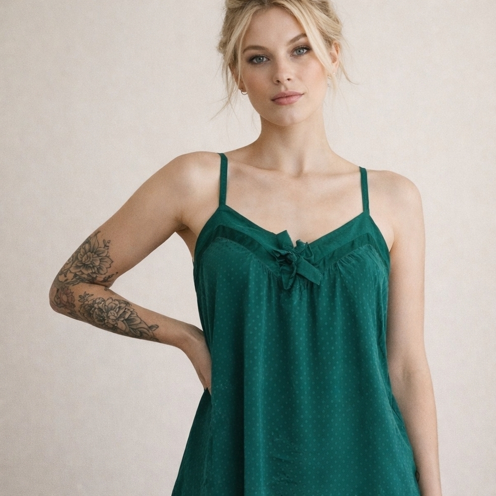 Rebecca Taylor Silk Camisole Blouse Emerald Green Polka Dot Strap Tank Sz 8